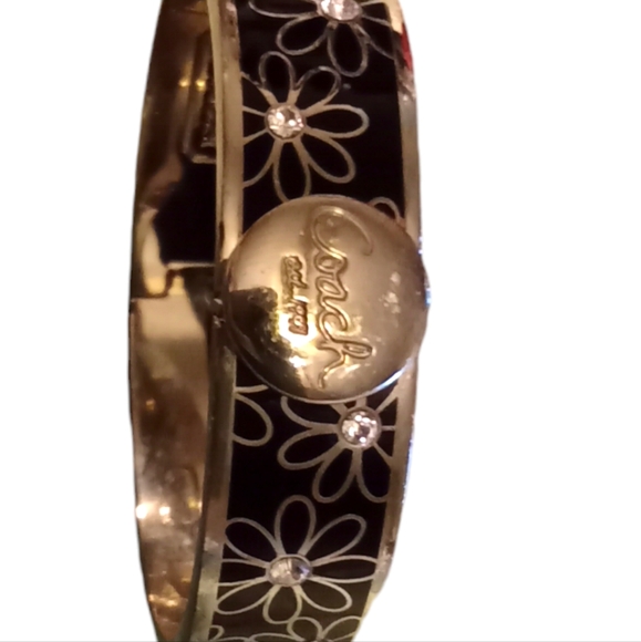 Coach Silver Tone Black Enamel Floral Rhinestone Snap on Bracelet - Picture 2 of 4